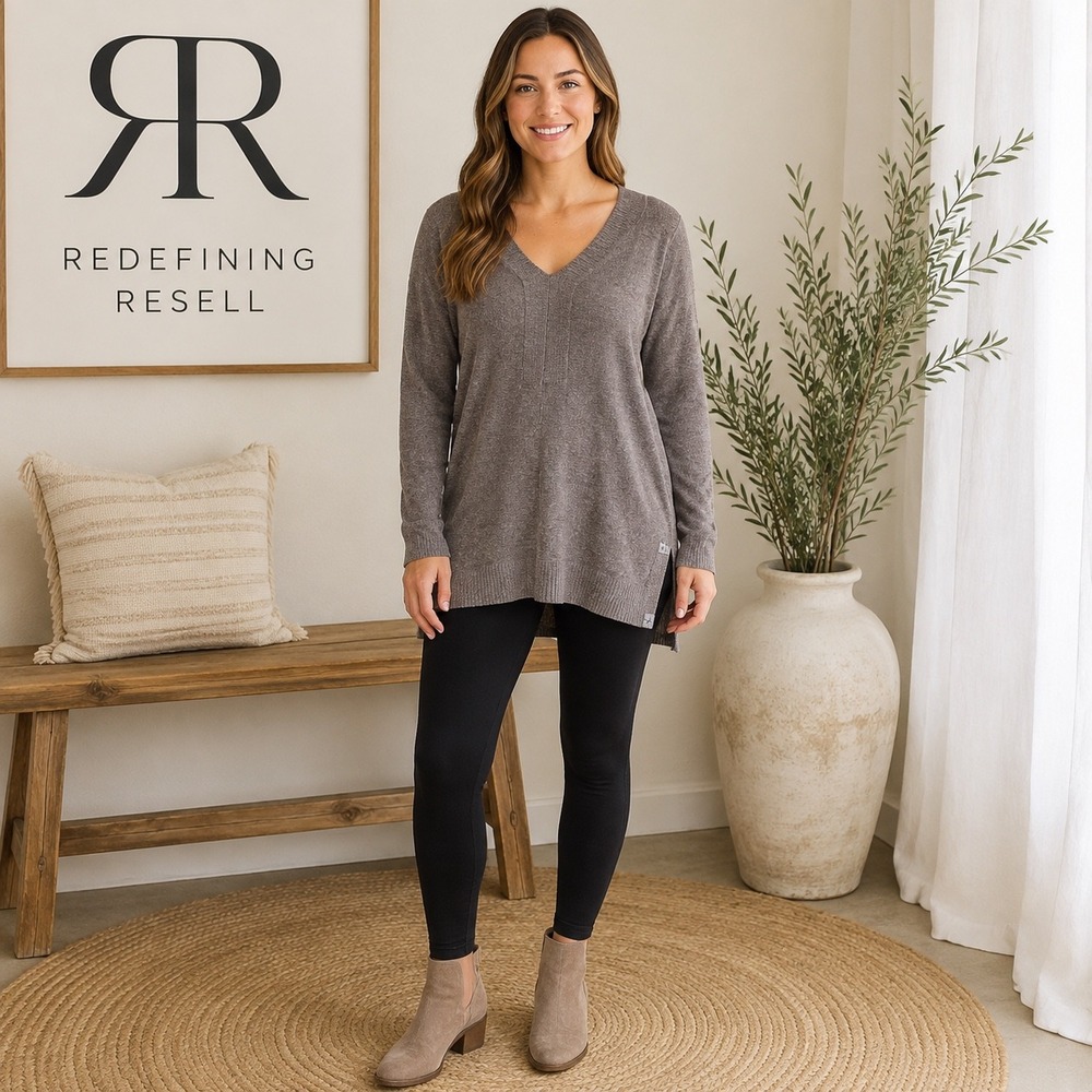 Barefoot Dreams CozyChic Ultra Lite V-Neck Pullover Tunic Sweater Brown Medium